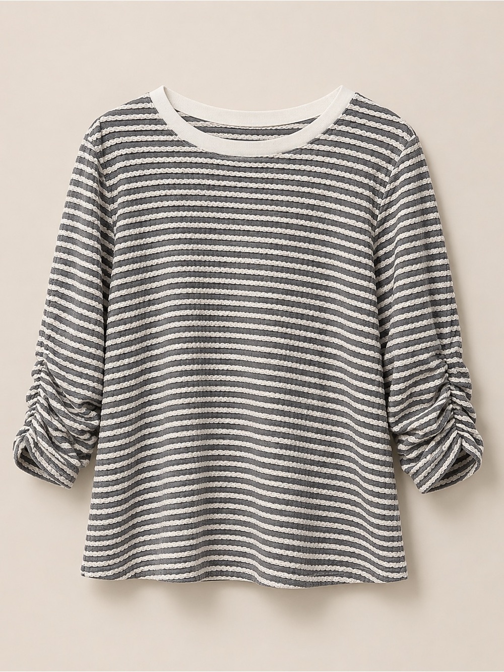 Soyaconcept Textured Stripe Ruched Sleeve Top Grey Ivory, M/L